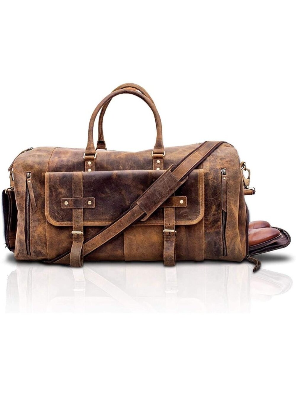 Men's Distressed Tan With Shoe Pocket Vintage Genuine Leather Duffel Travel Bag